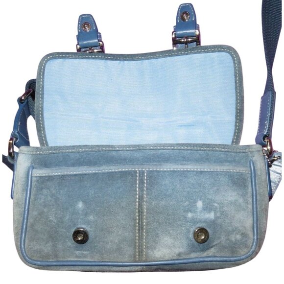 Coach 2004 Blue Suede & Leather Double Buckle Flap Closure Crossbody Bag - Picture 8 of 14